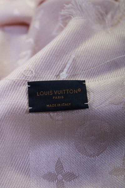 Louis Vuitton Womens Monogram Print Frayed Hem Square Scarf Shawl Light Pink