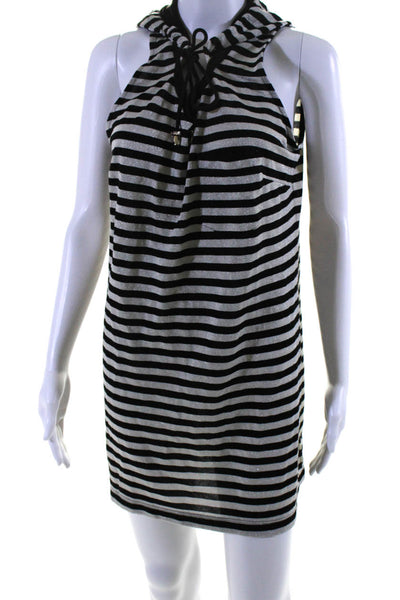 Marina Rinaldi Womens Striped Hooded Short Tank Dress Silver Tone Black Size M
