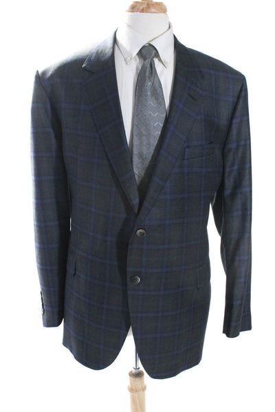 Reda Mens Gray Blue Plaid Wool Two Button Long Sleeve Blazer Size 52R