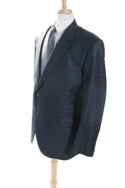 Reda Mens Gray Blue Plaid Wool Two Button Long Sleeve Blazer Size 52R