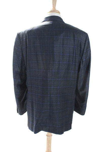 Reda Mens Gray Blue Plaid Wool Two Button Long Sleeve Blazer Size 52R