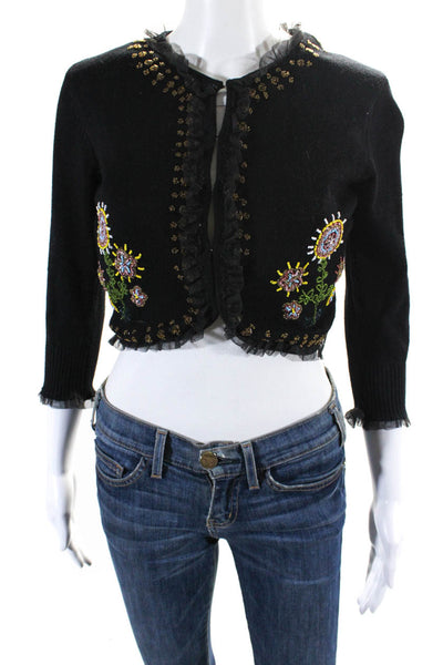 Persaman New York Womens Knit Beaded Flower Short Sweater Cardigan Black Size S