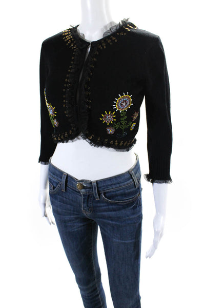 Persaman New York Womens Knit Beaded Flower Short Sweater Cardigan Black Size S