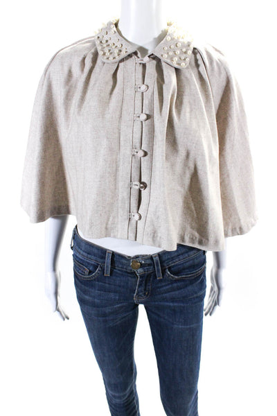 Aryn K Womens Wool Faux Pearl Collared Button Up Cape Poncho Top Beige Size S