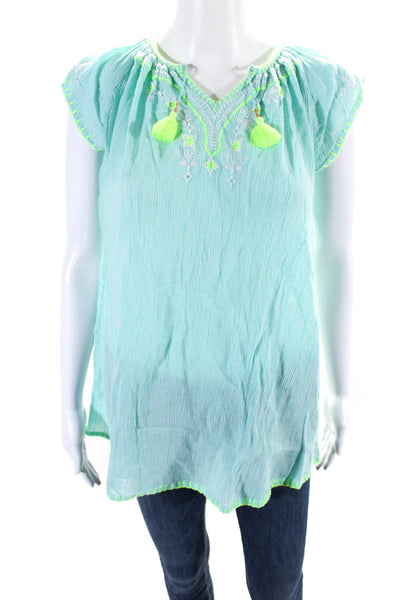 Sunuva Girls Cotton Embroidered V-Neck Short Sleeve Dress Blue Size 9-10