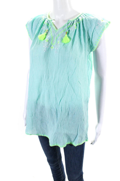 Sunuva Girls Cotton Embroidered V-Neck Short Sleeve Dress Blue Size 9-10