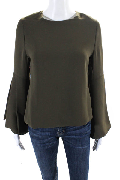 Brandon Maxwell Womens Pleated Round Neck Long Sleeve Blouse Top Olive Size 6