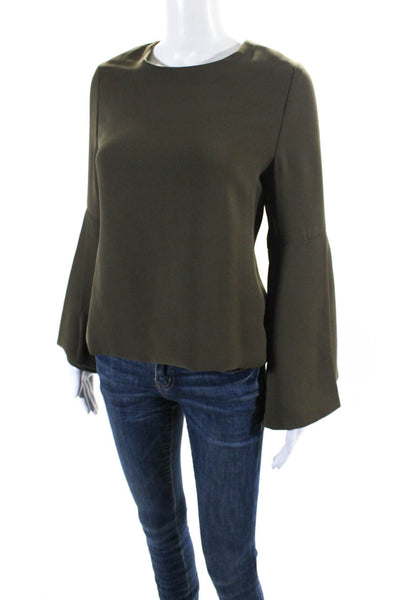 Brandon Maxwell Womens Pleated Round Neck Long Sleeve Blouse Top Olive Size 6