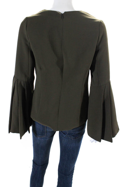 Brandon Maxwell Womens Pleated Round Neck Long Sleeve Blouse Top Olive Size 6