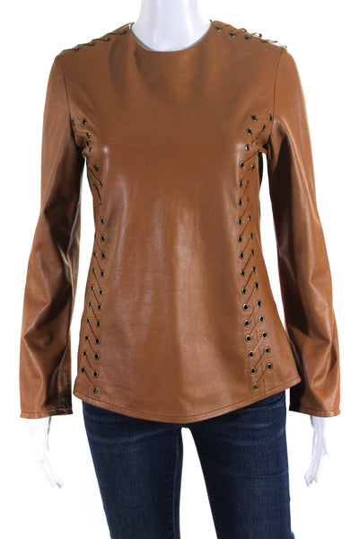 In Transit Womens Leather Long Sleeved Round Neck Zippered Blouse Brown Size S