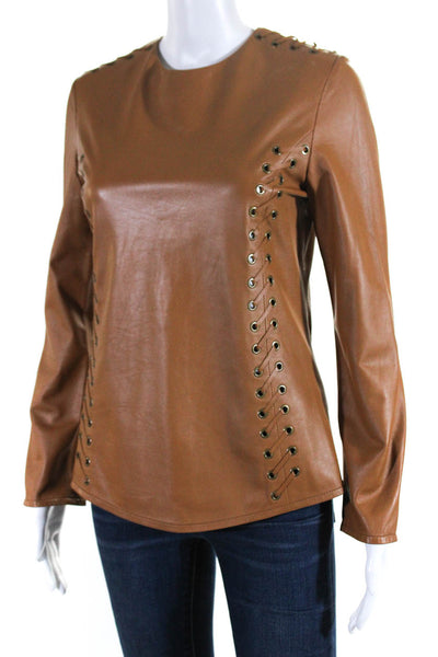 In Transit Womens Leather Long Sleeved Round Neck Zippered Blouse Brown Size S