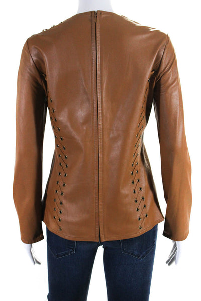 In Transit Womens Leather Long Sleeved Round Neck Zippered Blouse Brown Size S