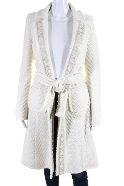 Walter Womens Floral Trim Knit Tied Waist Collared Long Overcoat Cream Size S
