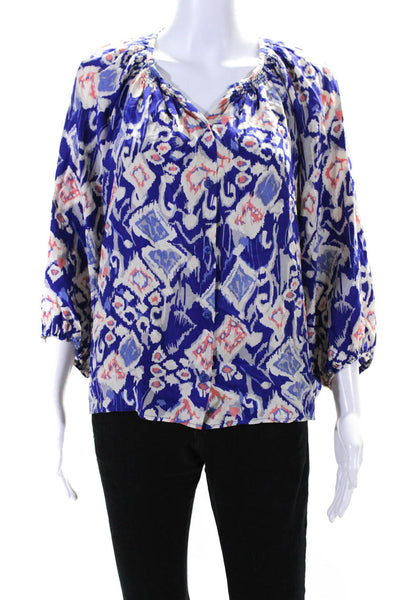 Tucker Womens Silk Ikat Print Long Sleeve V Neck Blouse Blue Size M