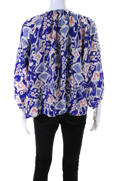 Tucker Womens Silk Ikat Print Long Sleeve V Neck Blouse Blue Size M