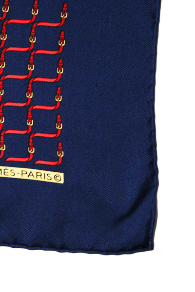 Hermes Womens Silk Belt Print Small Scarf Navy Blue Red