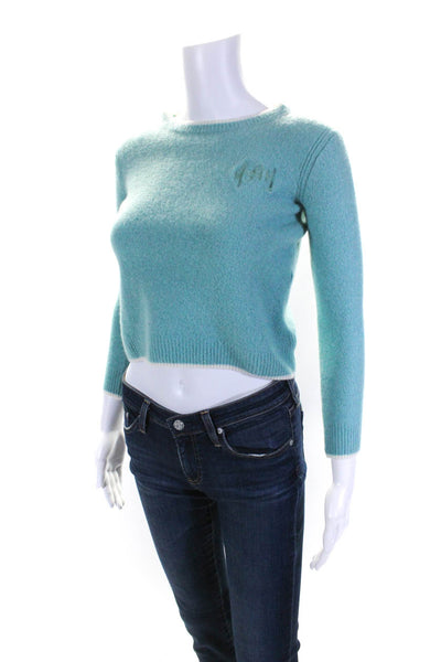 MSGM Womens Woven Round Neck Tight Knit Pullover Sweater Aqua Blue White Size S