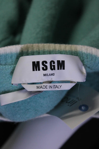 MSGM Womens Woven Round Neck Tight Knit Pullover Sweater Aqua Blue White Size S