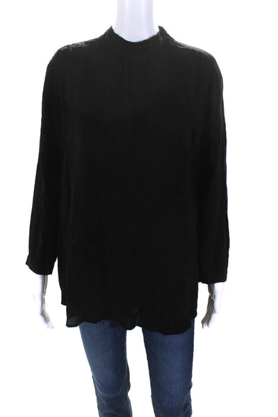 Velvet Women's Round Neck Short Sleeves Ruffle Blouse Black Size L