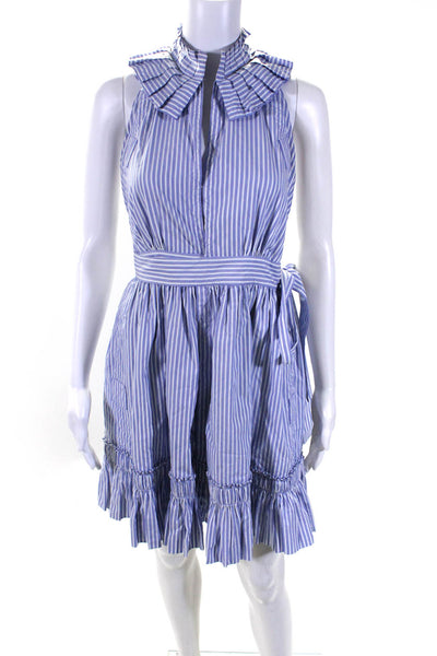 Alexis Womens Cotton Striped Ruffled Halter Belted A-Line Dress Blue Size 0