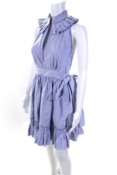 Alexis Womens Cotton Striped Ruffled Halter Belted A-Line Dress Blue Size 0