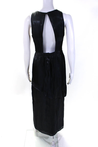 Tibi Womens Silk Metallic Crew Neck Sleeveless Maxi Dress Charcoal Gray Size 0