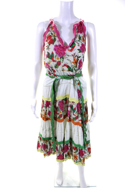 Farm Rio Womens Cotton Bird Printed Sleeveless Belted A-Line Dress White Size XS