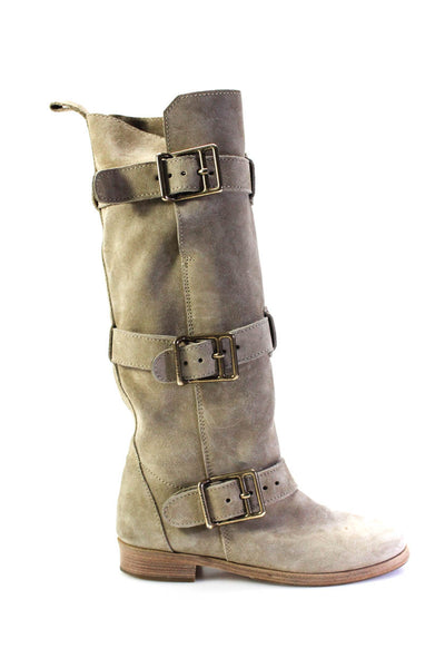 Burberry Womens Suede Knee High Buckle Boots Beige Size 7