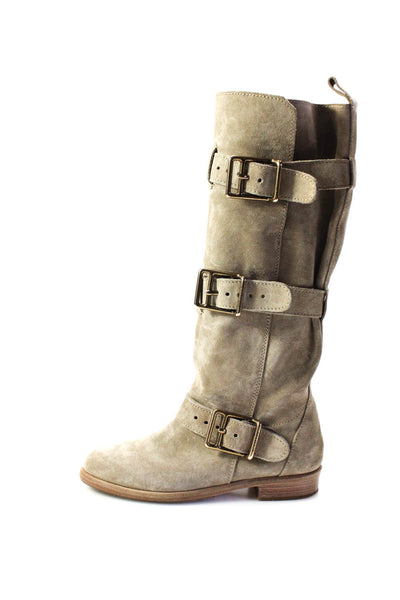 Burberry Womens Suede Knee High Buckle Boots Beige Size 7