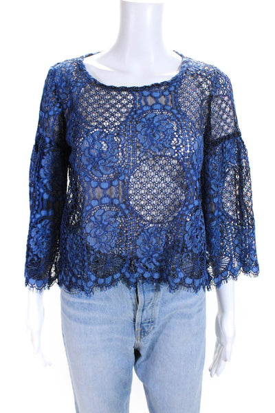 Valerie Khalfon Womens Floral Open Lace Flared Long Sleeved Blouse Blue Size 38