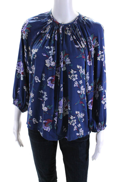 Tucker Womens Floral Long Sleeved Buttoned Pleated Blouse Blue Purple Size M/L