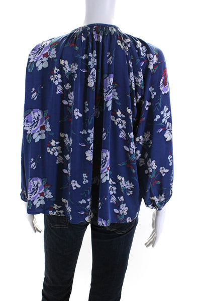 Tucker Womens Floral Long Sleeved Buttoned Pleated Blouse Blue Purple Size M/L