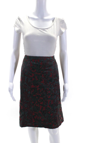 Etro Womens Red Gray Floral Embroidered Knee Length Silk Pencil Skirt Size 48