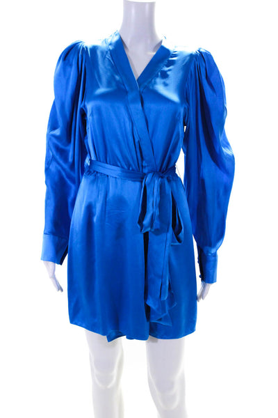 Kimberly Taylor Womens Silk Satin V-Neck Puff Sleeve Wrap Dress Blue Size XS