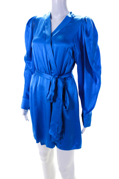 Kimberly Taylor Womens Silk Satin V-Neck Puff Sleeve Wrap Dress Blue Size XS