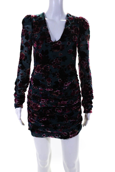 Ronny Kobo Womens Back Zip Long Sleeve Floral Velvet Ruched Dress Blue Small