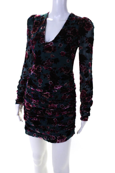 Ronny Kobo Womens Back Zip Long Sleeve Floral Velvet Ruched Dress Blue Small