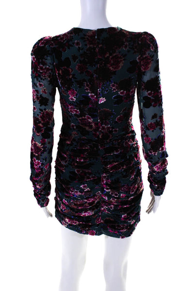 Ronny Kobo Womens Back Zip Long Sleeve Floral Velvet Ruched Dress Blue Small