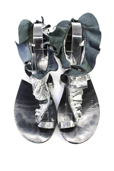 Isabel Marant Womens Toe Ring Thong Ruffled Sandals Silver Metallic Size 38 8