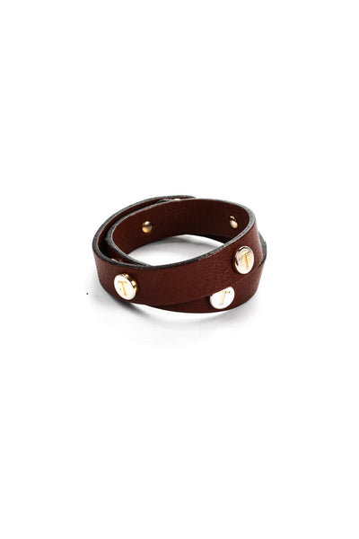 Tods Womens Gold Tone Brown Leather T Logo Studded Double Wrap Bracelet
