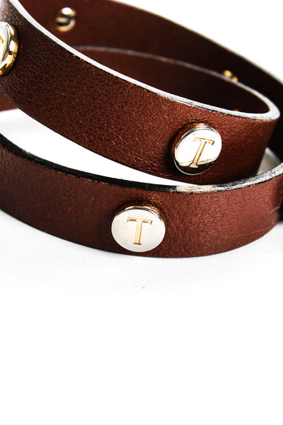 Tods Womens Gold Tone Brown Leather T Logo Studded Double Wrap Bracelet