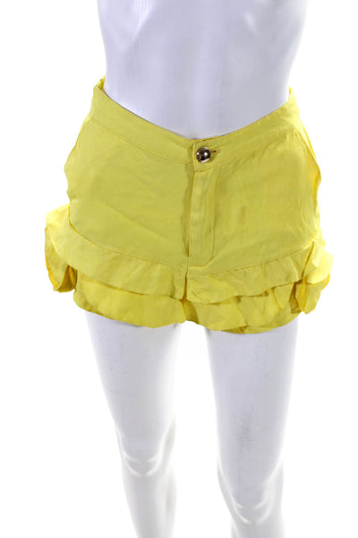 Miu Miu Womens Buttoned Zip Ruffled Floral Accent Mini Shorts Yellow Size M