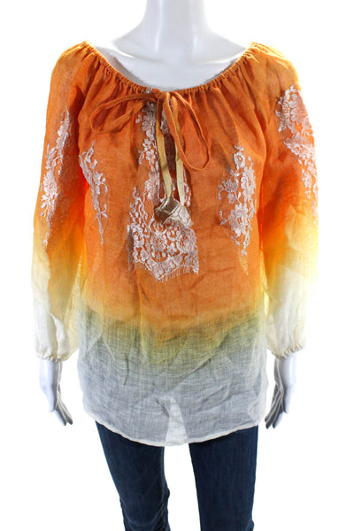 Vanita Rosa Womens Long Sleeve Linen Ombre Top Blouse Orange White One Size