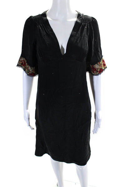 Tocca Womens Silk Crepe Beaded Embroidered V-Neck  A-Line Dress Black Size 2