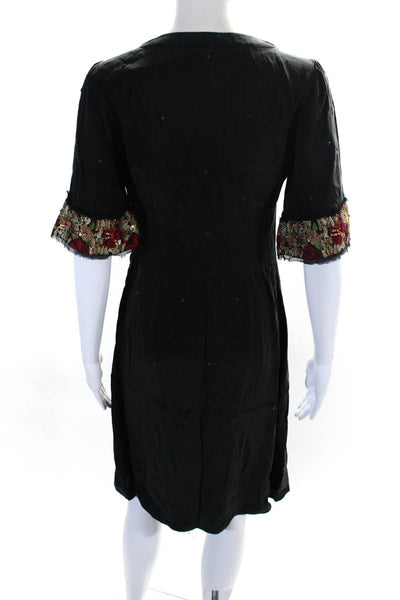 Tocca Womens Silk Crepe Beaded Embroidered V-Neck  A-Line Dress Black Size 2