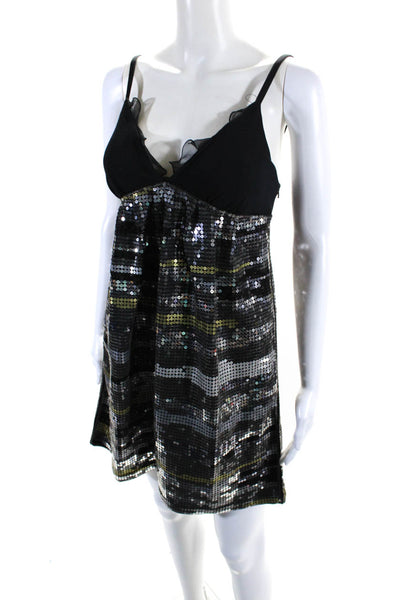 La Rok Womens Black Silver Sequins V-Neck Ruffle Sleeveless Mini Dress Size S