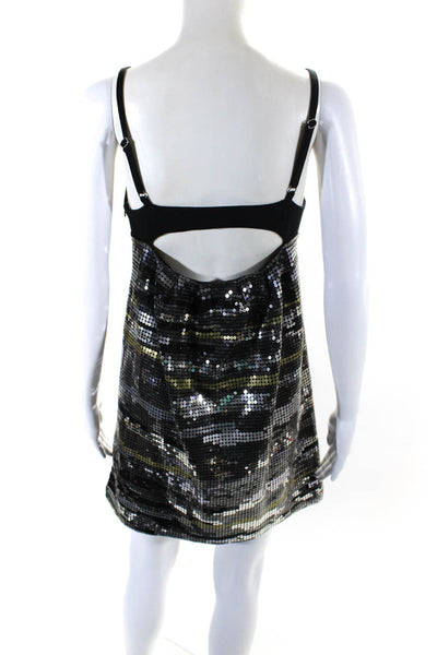 La Rok Womens Black Silver Sequins V-Neck Ruffle Sleeveless Mini Dress Size S