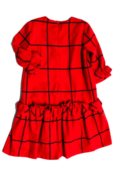 Il Gufo Girls Grid Print Ruffle Trim Long Sleeve Zip Up Dress Red Size 8Y
