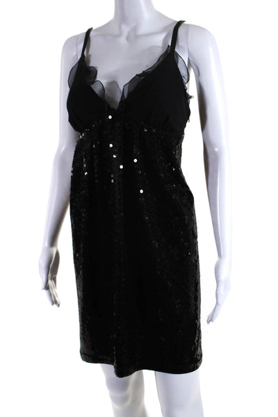 La Rok Womens Sequin V Neck Sleeveless Empire Waist Mini Dress Black Size L