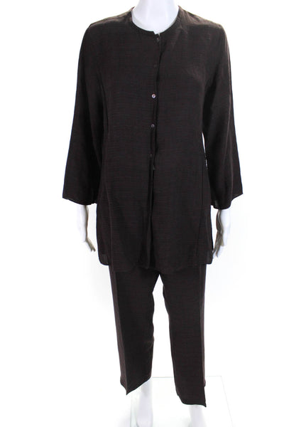 Eileen Fisher Womens Linen 2 Piece Button Down Blouse Pants Set Brown Size S XS